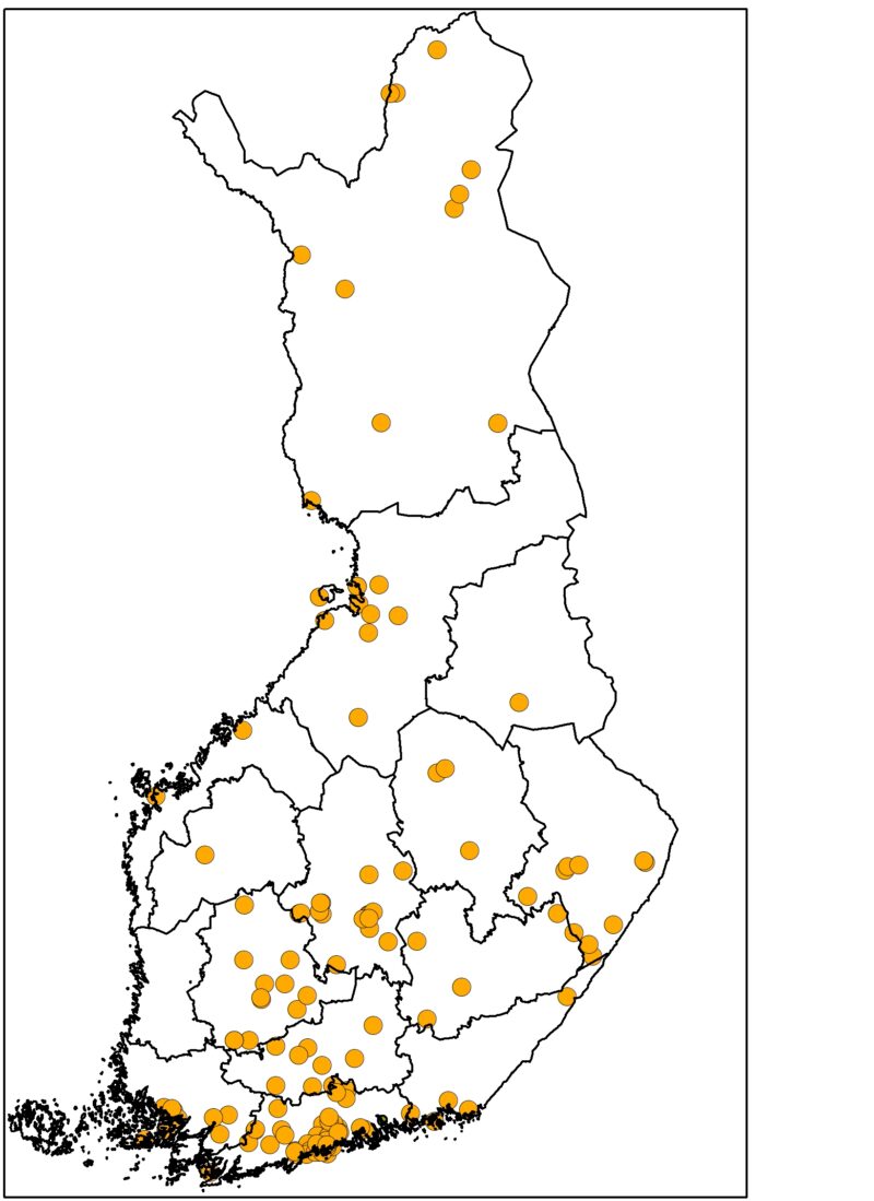 Karttakuva Suomen kimalaisseurantapaikoista